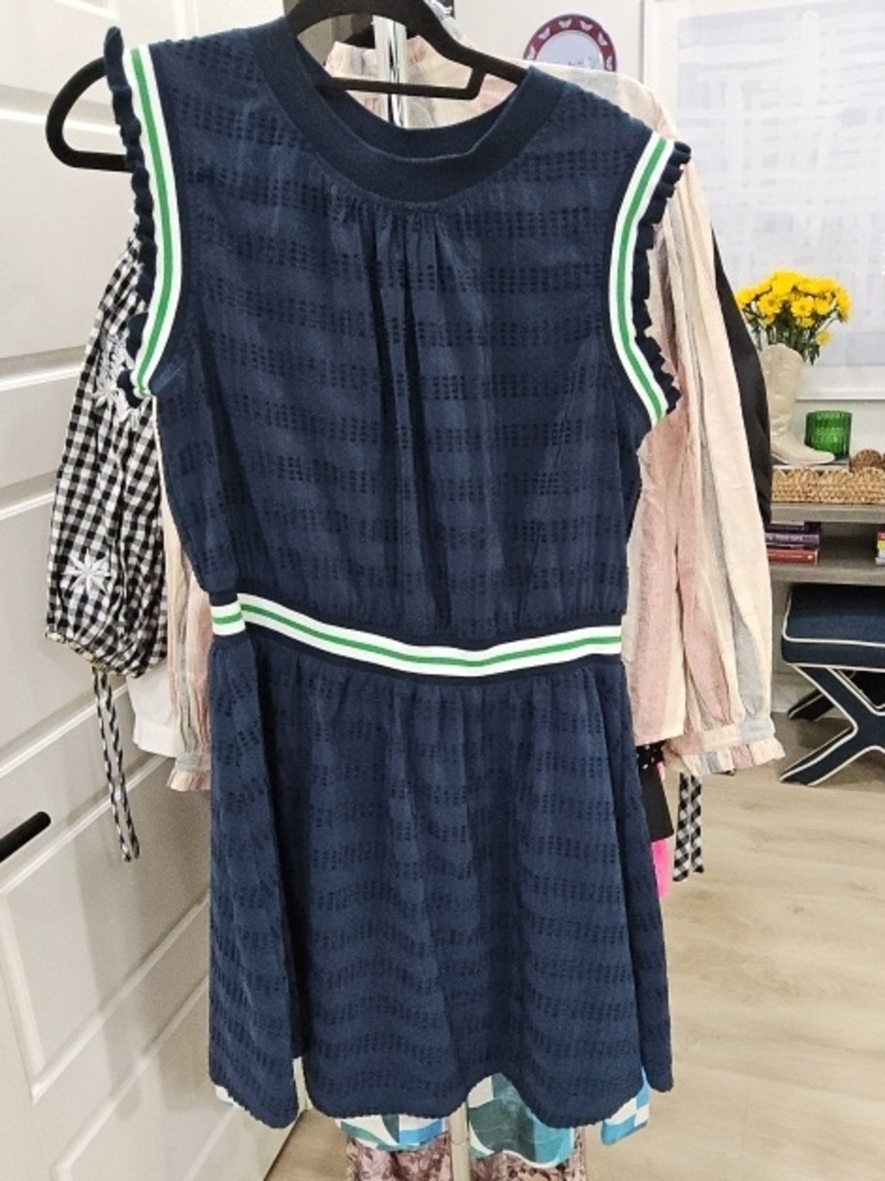 Girls' Navy Knit Dress with Green Stripe